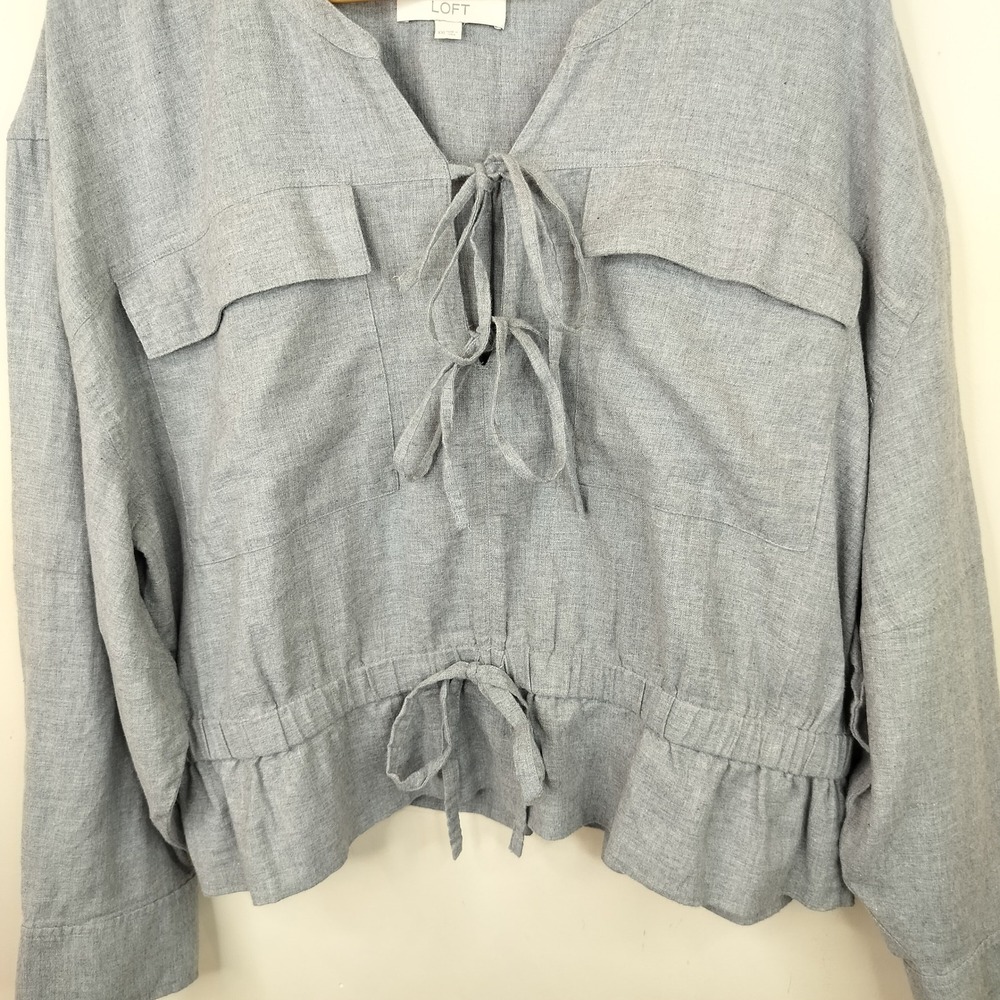 LOFT Blouse XXL Tie Front Balloon Sleeve Utility Casual Gray Cotton - Picture 3 of 11